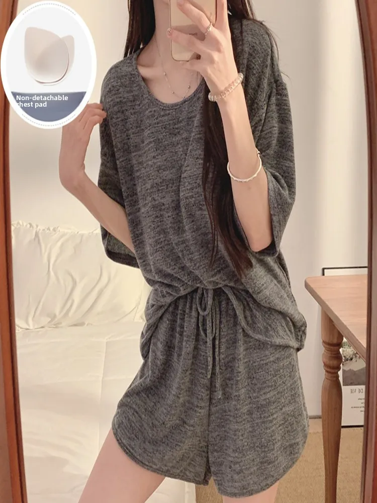 2026 Sexy Short Sleeve Women's Sleepwear Set with Chest Pad Anti-Bulge Loose Summer Home Clothes Home Comfortable Cotton