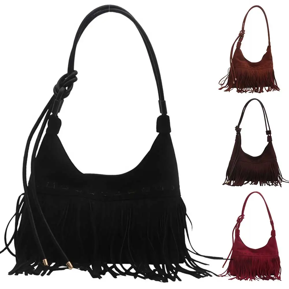 

Vintage Fringe Shoulder Bag Fashion Suede Slouchy Bag Trendy Tassel Crescent Bag for Women Work Shopping Travel Winter Fall