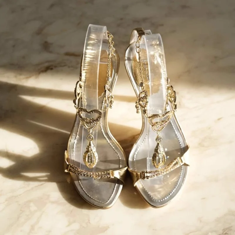 

2025 New Women's Gold High Heel Sandals Round Toe Stiletto Rhinestone Metal Chain Decoration Luxury Elegant Banquet Ladies Shoes
