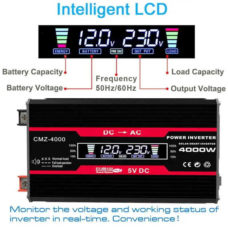 Imagem -05 - Inversor de Onda Senoidal com Luz de Trabalho Led Transformador de Tensão Conversor Usb 4.2 a Carregamento Rápido dc 12v 24v a ac 220v 3000w