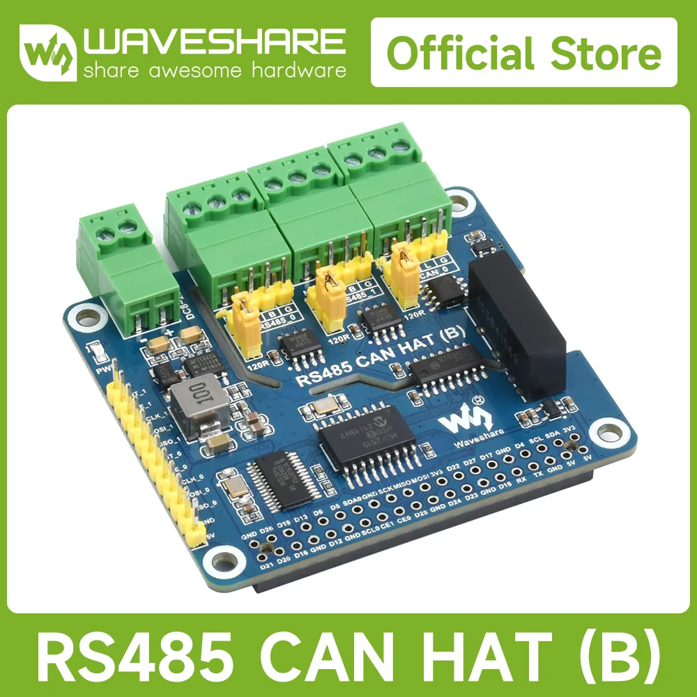 

Waveshare Isolated RS485 CAN HAT (B) For Raspberry Pi, 2-Ch RS485 and 1-Ch CAN, Canbus, for Raspberry Pi 5/4B/3B