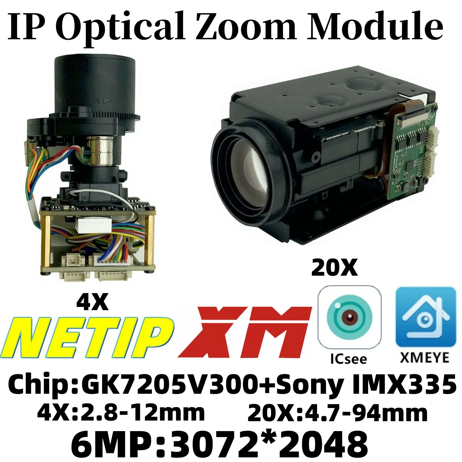 XM 4X 20X 2.8-12mm 4.7-94mm Optical Zoom IP Camera Module Board 6MP GK7205V300+IMX335 3072*2048 H.265 ONVIF XMEYE ICsee P2P