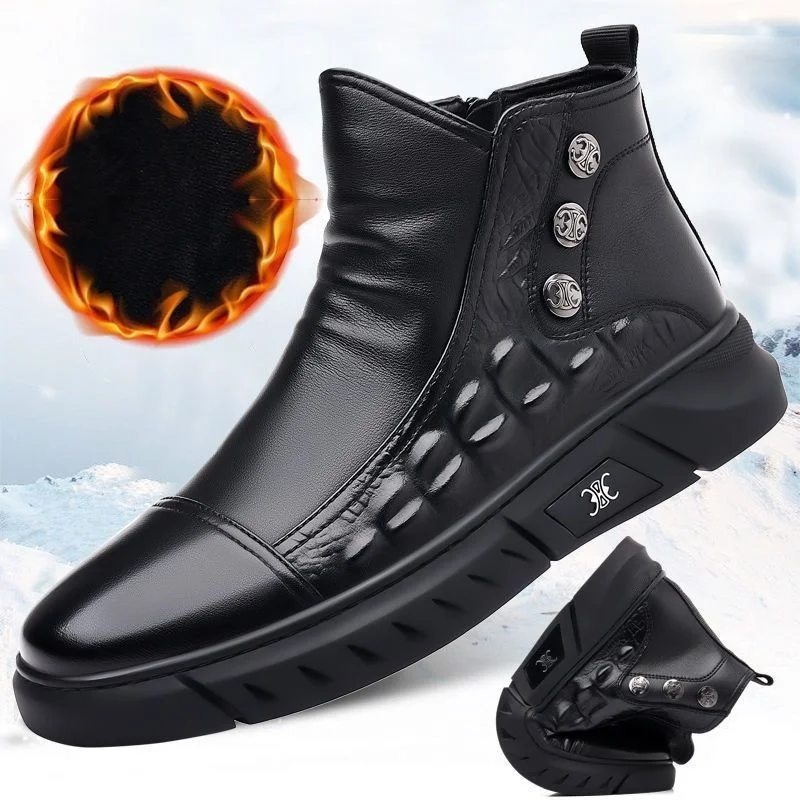 Botas de lujo para hombre, botas cortas de otoño e invierno, botas clásicas de cuero para uso formal e informal, botas de algodón con forro de felpa para mantener los pies calientes, botas Chelsea para hombre.