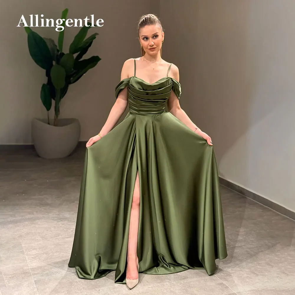

Elegant Green A-line Prom Dress Pleated Backless Off-Shoulder Bridesmaid Dress Long Wedding Guest Dress High Slit Customized