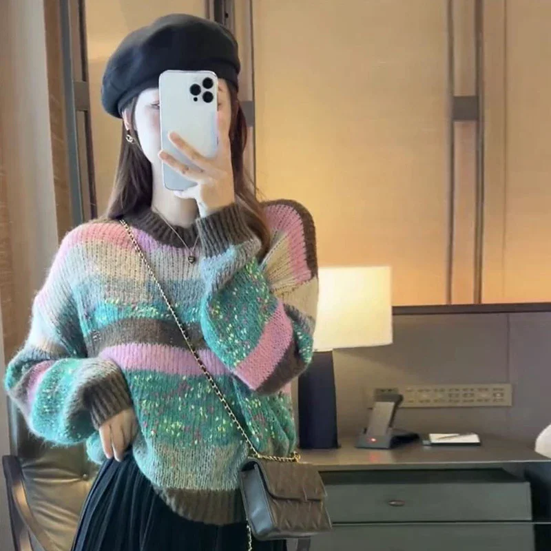 الخريف الشتاء أزياء الرجعية مخطط جولة الرقبة طويلة الأكمام فضفاضة عارضة محبوك سترة للنساء #2