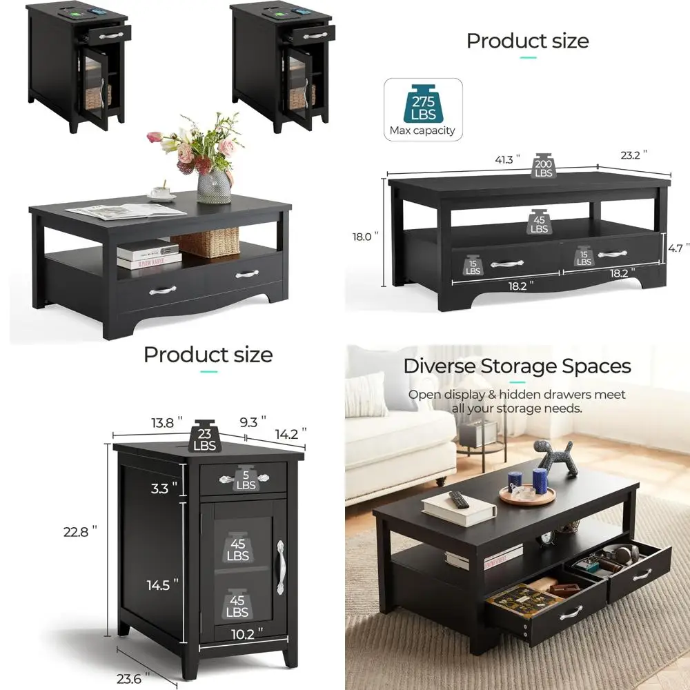 مجموعة طاولة القهوة المزرعة المكونة من 3 قطع من LINSY HOME: 41 طاولة قهوة وطاولتين نهائيين من الخشب الأسود لغرفة المعيشة