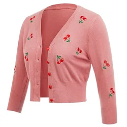 GK damski płaszcz dziergany wiśniowy haft 3/4 rękaw dekolt w serek krótki top dzianina moda sweter na co dzień damska odzież wierzchnia
