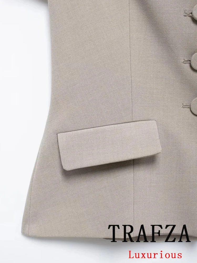 TRAFZA Vintage Chic Women Blazer Solid Single Breasted Square Collar Short Sleeve Blazer Fashion 2024 Autumn Office Lady Blazer