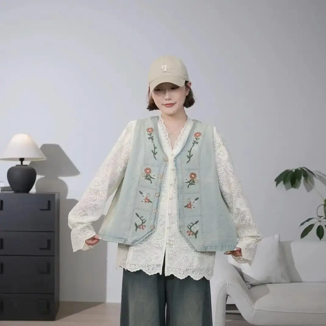 Japanese Embroidered Age-Reducing Versatile Embroidered Denim Vest Wear Vest Cardigan Top Spring And Summer
