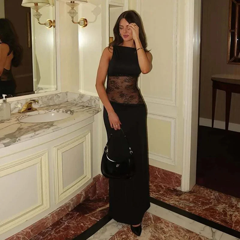 

Sexy Hollowed Out Backless Sleeveless Dress Elegant Splicing Lace Mid Waist Skirt Fashion Women's Elastic See Through Long Dress