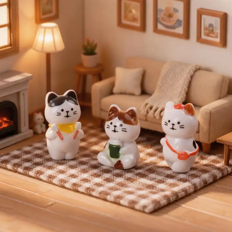 6pcs Cute Mini Cat Figurines Resin Craft Hand Painted Tiny Kitten Models For Fairy Garden DIY Micro Landscape Decor Accessory