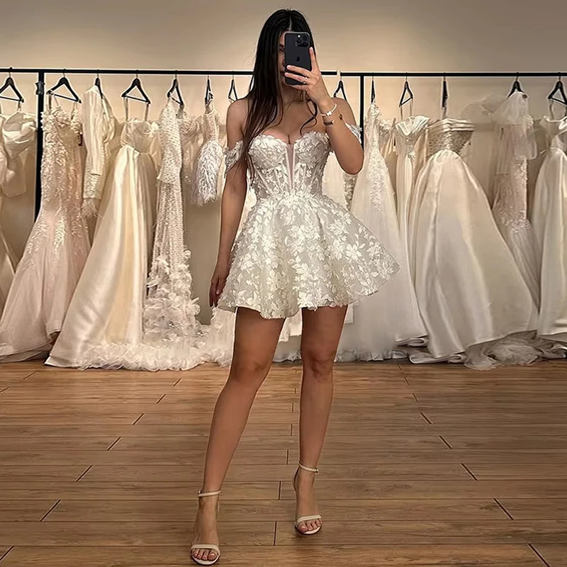 Robe de mariée courte scintillante, épaules dénudées, avec des Appliques en dentelle, en Tulle, ligne a, robe de bal personnalisée