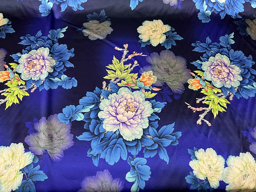 19momme High Quality Real Silk Stretch Satin Clothing Cloth Blue Purple Green Changeable Peony Inkjet Designer Fabric