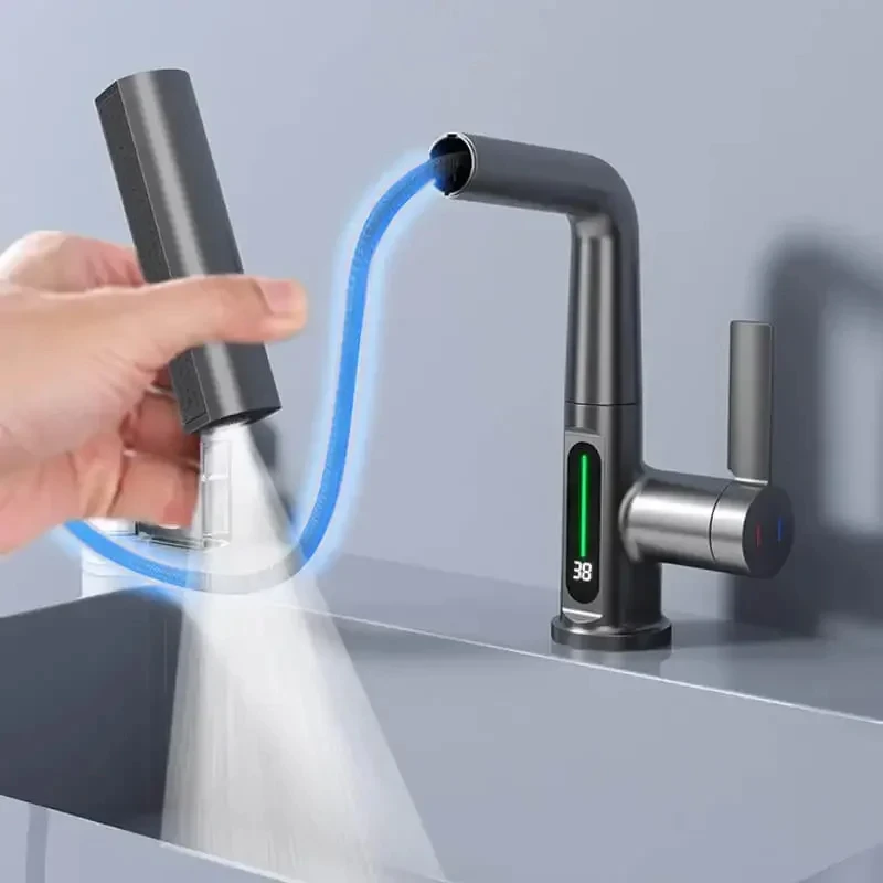 Waterfall Temperature Digital Display Basin Faucet Lift Up Down Stream Sprayer Hot Cold Water Sink Mixer Wash Tap For Bathroom