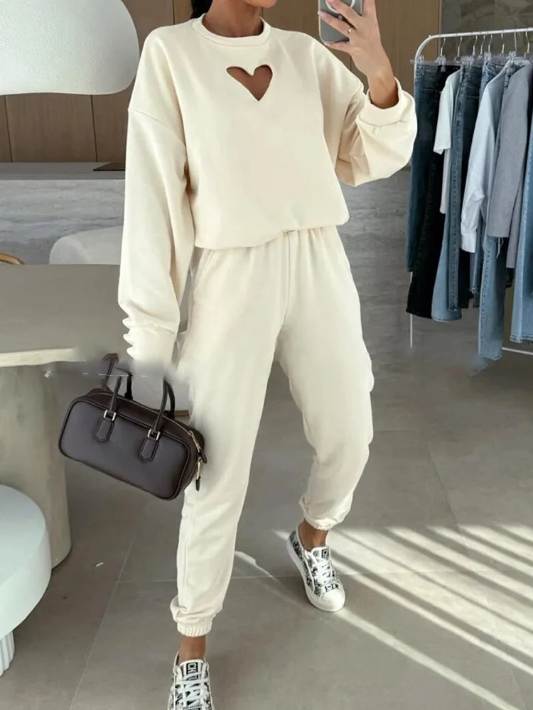 Feminino o pescoço manga comprida moletom e calças 2 peça conjunto simples casual outono terno esportivo novo 2025 solto roupa de fitness