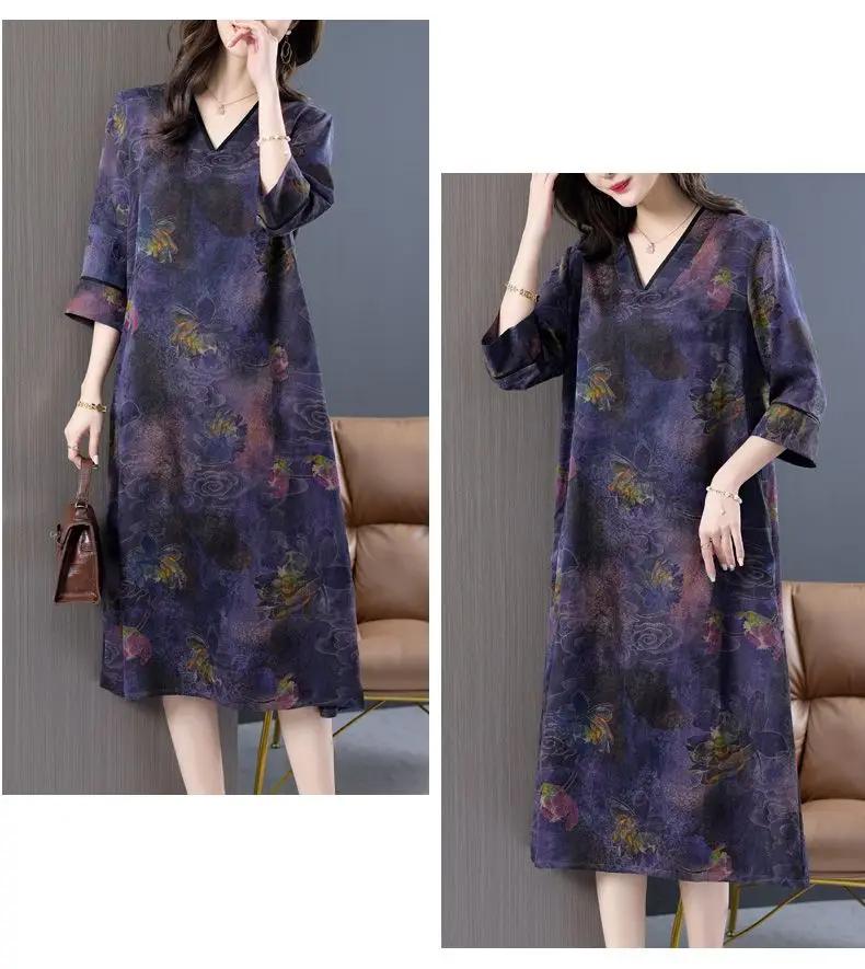2025 New Spring Summer Dress Women V-neck Printed Floral Dress Fashion Long-Sleeved Loose Silk Dresses Ladies Plus size Sundress view 5