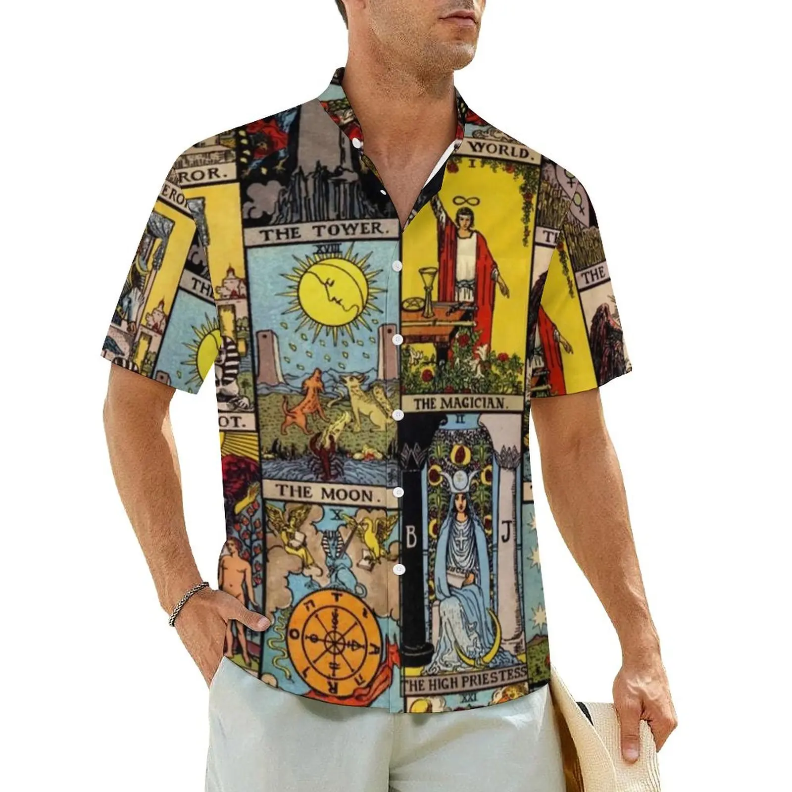 

Vintage Moon Beach Shirt Tarot Art Collage Hawaiian Casual Shirts Men Loose Blouses Short-Sleeved Harajuku Custom Clothing