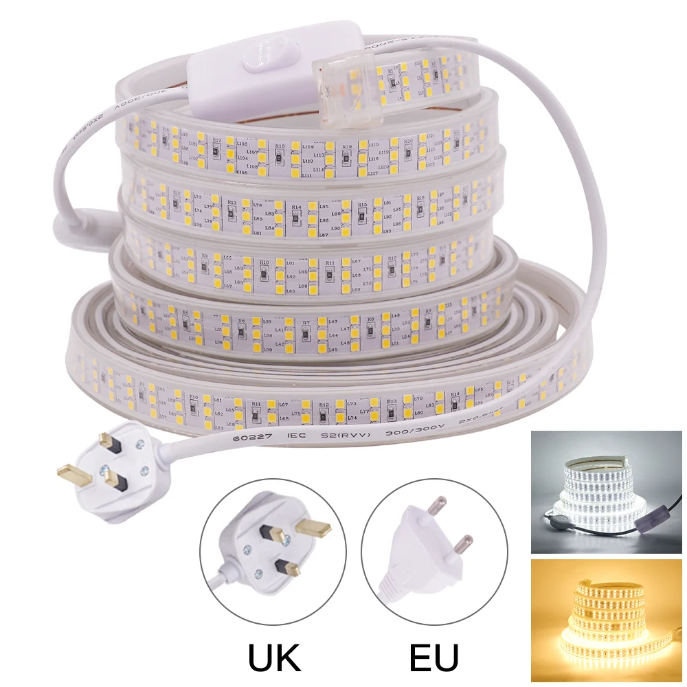 220V LED Light Strip With ON/OFF Switch 10M 276LEDs/m Waterproof Flexible Ribbon Rope Three Row High Brightness Tape Diode Lamp