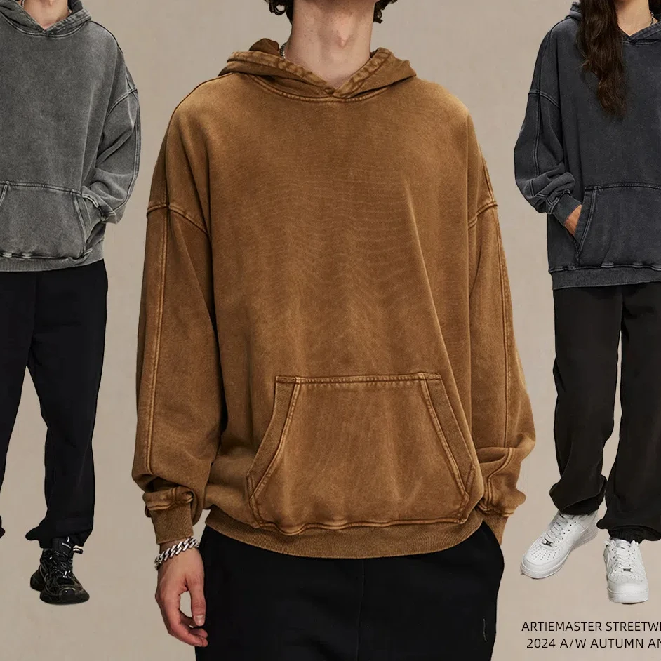 

420GSM Heavyweight Hoodie Men Vintage Double Washed Loose Fit Garment Dyed Streetwear Ribbed Cuffs Drop Shoulder Batik Print