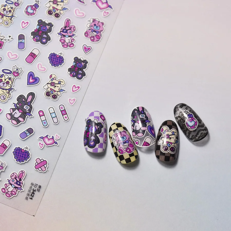 1 Blatt dunkle Kaninchen-Nagelaufkleber zum Aufdrücken der Nägel, ultradünn und flexibel, selbstklebend, niedliche Kawaii-Nagelkunst-Abziehbilder für Maniküre, Heimwerker