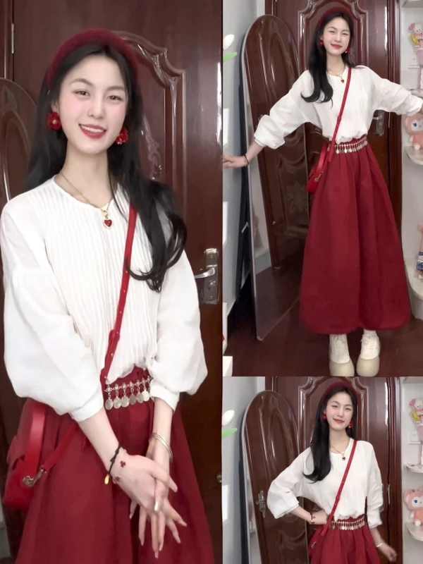 

Весенний корейский комплект с круглым вырезом Ne, красный облегающий комплект с высокой талией и юбкой, модный костюм-двойка Long Sve Ne