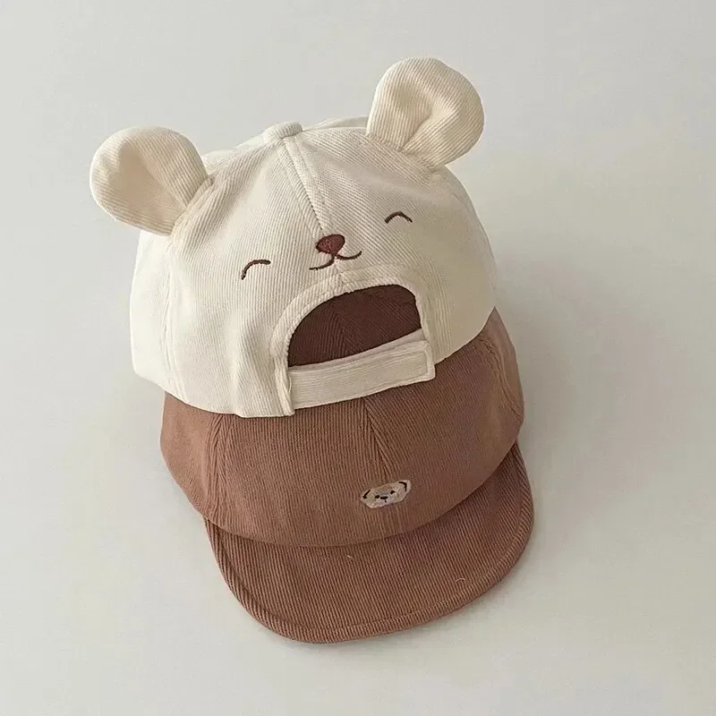 Spring Summer Kids Cotton Sun Hats Cartoon Bear Baby Baseball Hat with Ears Cute Solid Color Infant Peaked Cap Kawaii