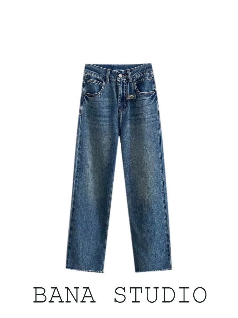 

Slimming Deep Blue Waed Straight Leg Jeans Women's Loose Drapey Denim Pants High Waist Thiened Jeans Ladies Premium