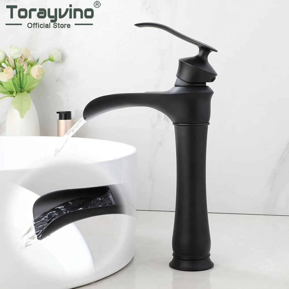 

Torayvino Matte Black Bathroom Faucet Waterfall Spout Deck Mounted Vanity Washbasin Faucets 1 Handle Hot & Cold Mixer Water Tap