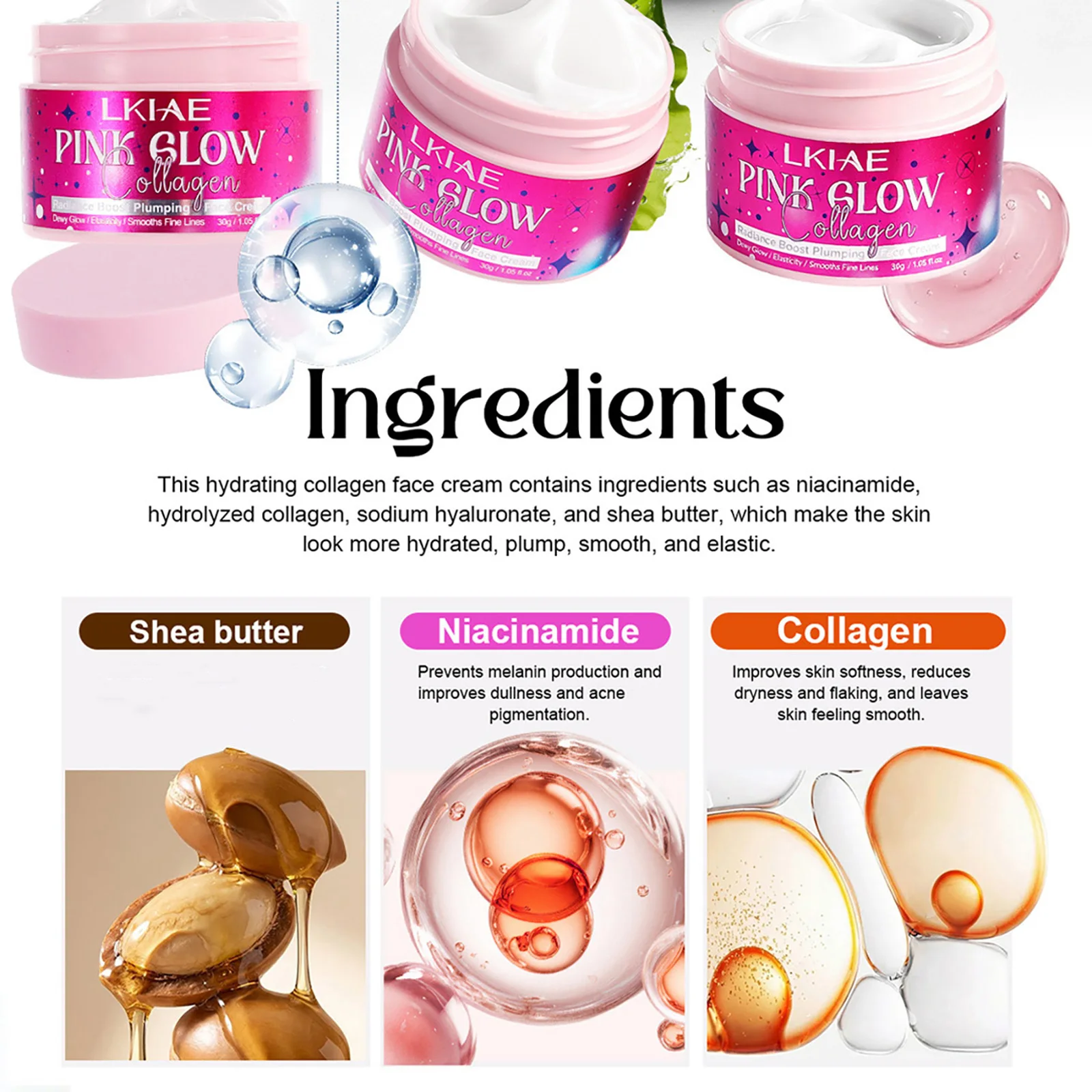 Afbeelding 5: LKIAE Pink Glow Collagen Gezichtscrème, Radiance Boost Plumping Gezichtscrème, Verfijnt Fijne Lijnen, Dieptereiniging Huid, Anti-donkere Vlekken