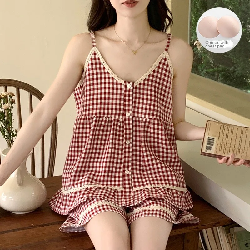 

Комплект из 2 предметов, женские пижамные шорты, костюм, домашняя одежда, клетчатая милая пижама, сексуальное женское белье, майки, женская одежда для сна, лето