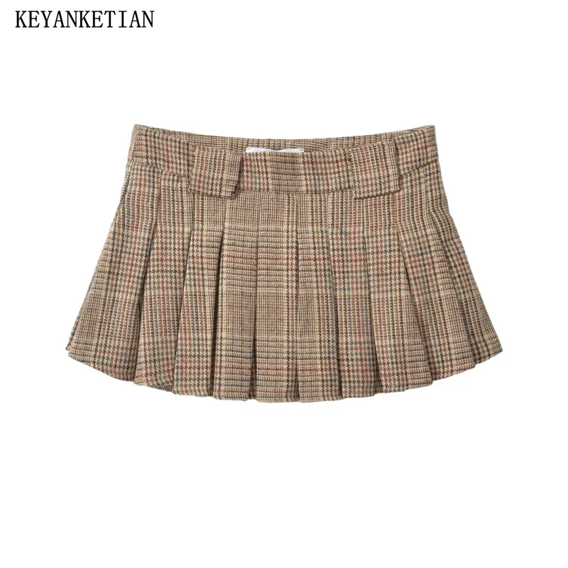 

KEYANKETIAN 2024 New Y2K Spicy Girl Plaid Pleated Skirt Spring Preppy Style Side Zipper Low Waist Women A-Line Woolen Mini Skirt