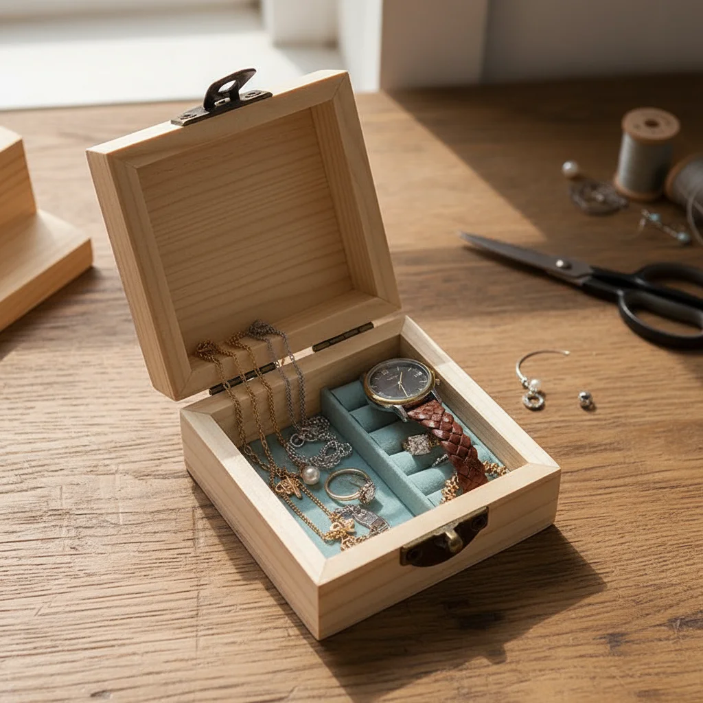 Caja de reloj de madera de pino de color tronco sin terminar - Cofre del tesoro de bricolaje con cierre de bloqueo y tapa con bisagras | Caja para guardar joyas