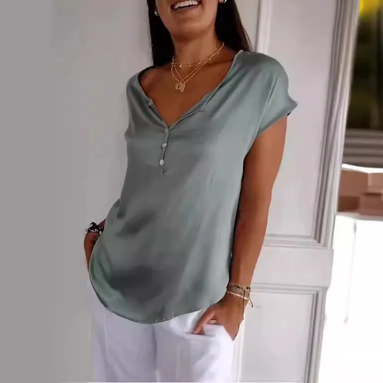 여성 반팔 티셔츠 탑 패션 캐주얼 솔리드 V 넥 풀오버 버튼 티셔츠 여성용 여름 새 여성 의류