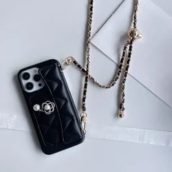 Camellia Leather Cover For iPhone 16 15 14 13 12 11 Pro Max Card Slot Holder Wallet Adjustable Lanyard Crossbody Phone Case