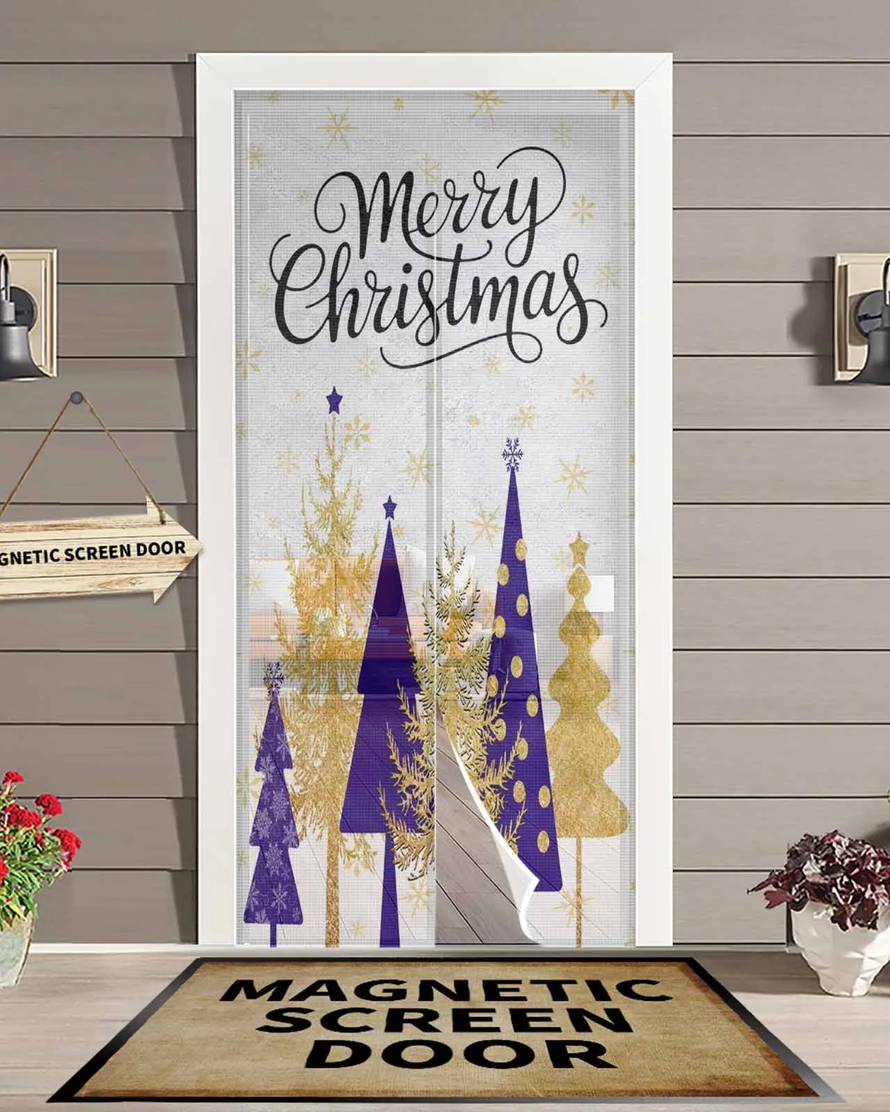 

Abstract Winter Christmas Bule Tree Magnetic Door Curtain Living Room Bedroom Home Anti-mosquito Screen Door Curtain