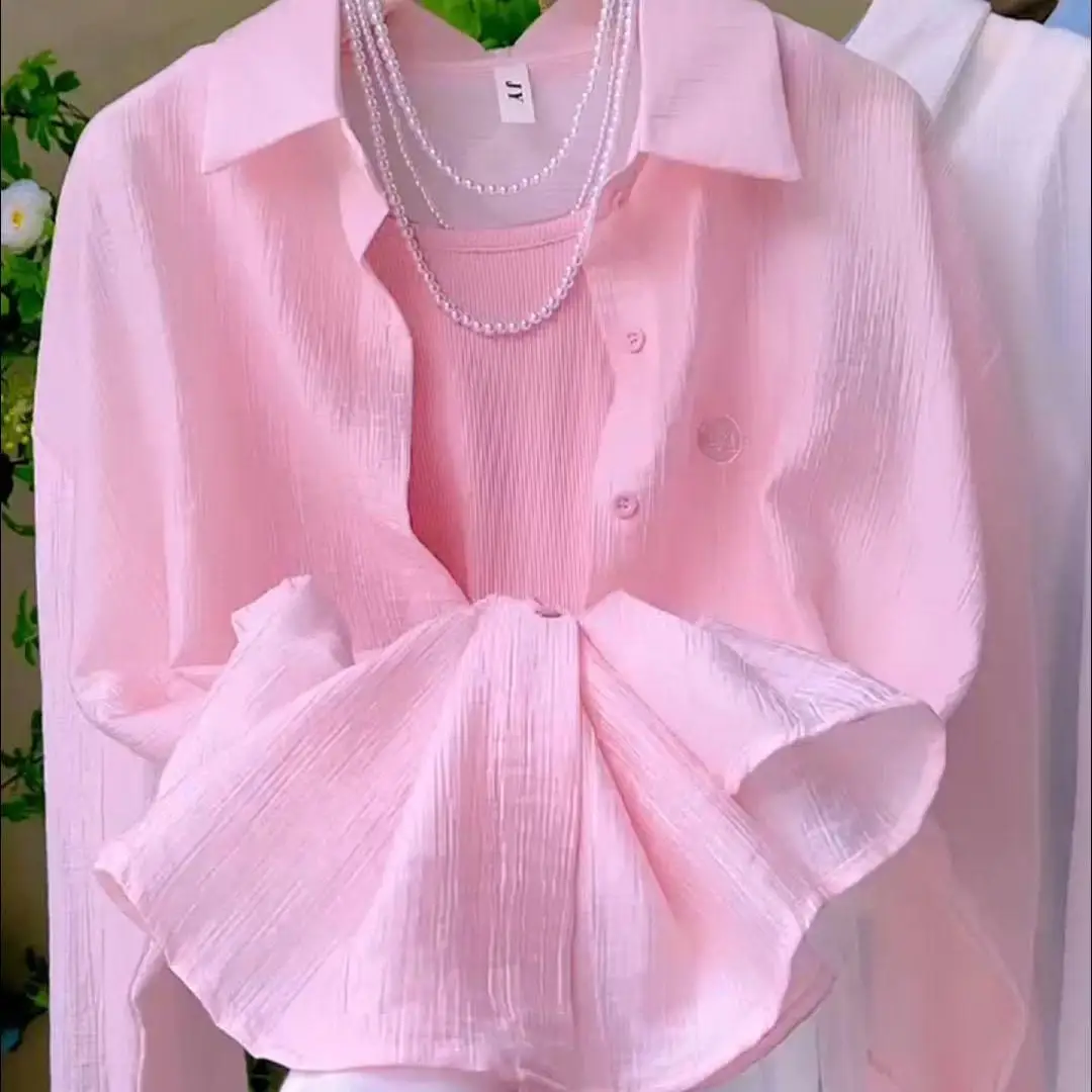 

Summer 2025 Women's Loose Casual Embroidered Pink irt Thin Sun Protection Ne Top Korean Sle Long Sve Regular Le...
