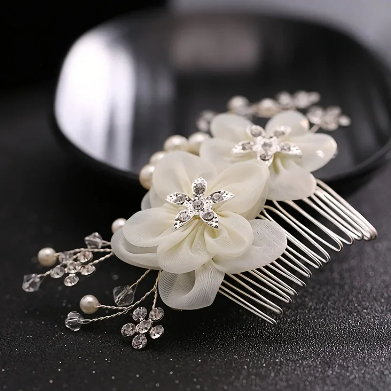 Wedding Hair Comb Flower Hair Ornaments Bride Hair Comb Pearl Rhinestone Headpiece For Women Girls Headdress Floral Jewelry image 3