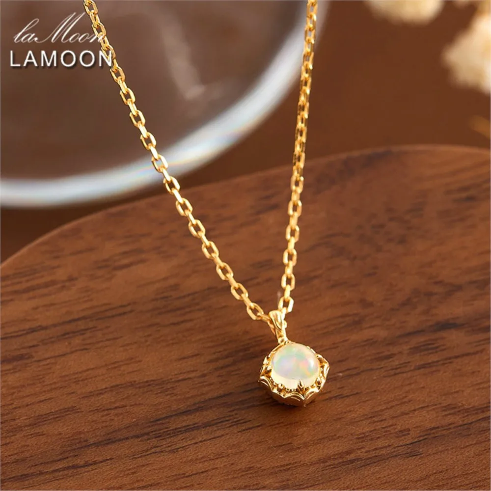 

LAMOON натуральный опал кулон с драгоценными камнями ожерелье для женщин двухсторонний кубический циркон элегантный S925 серебро позолоченные ювелирные изделия