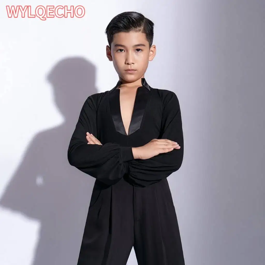 

Новые детские костюмы для латинских танцев для мальчиков, детская одежда с длинными рукавами и v-образным вырезом для бальных танцев, тренировочная одежда для румбы, танцевальная одежда