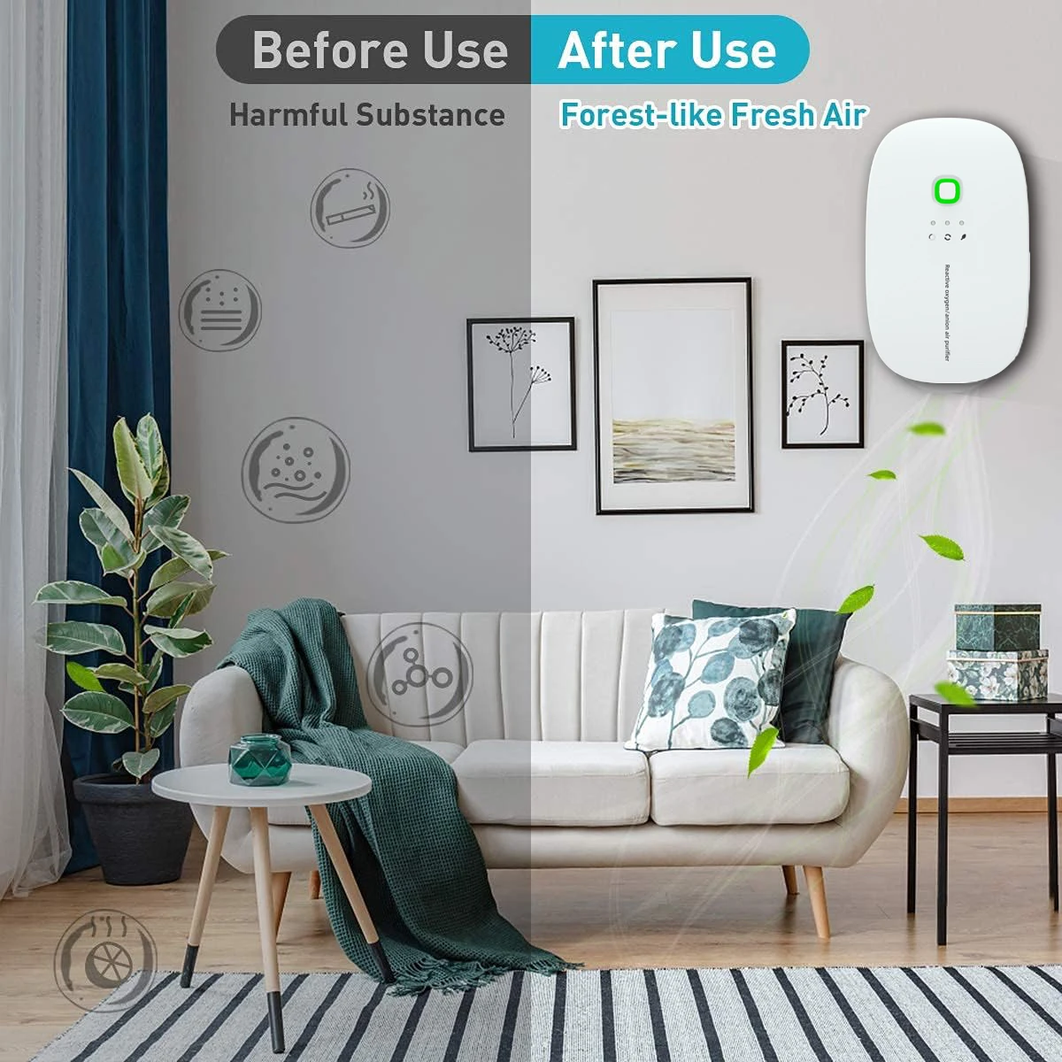 Ozone & Anion Air Purifier 2 in 1 Plug in, Compact Size, Purifying Air Eliminate Odor For Pet Room Toilet Kitchen US Plug