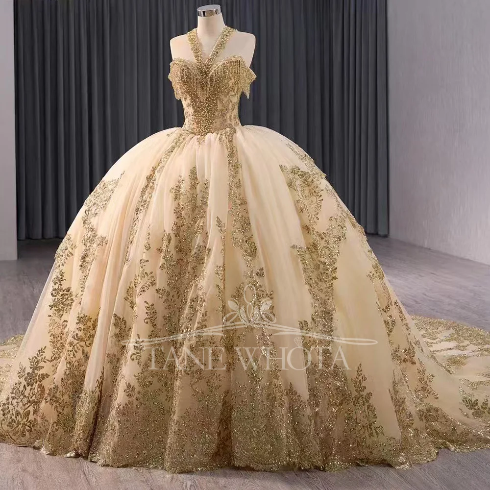 Luxury Gold Lace Evening Dress Off The Shoulder Tassel Halter Lace Up Back Beaded Sequines Sukienka Wieczorowa