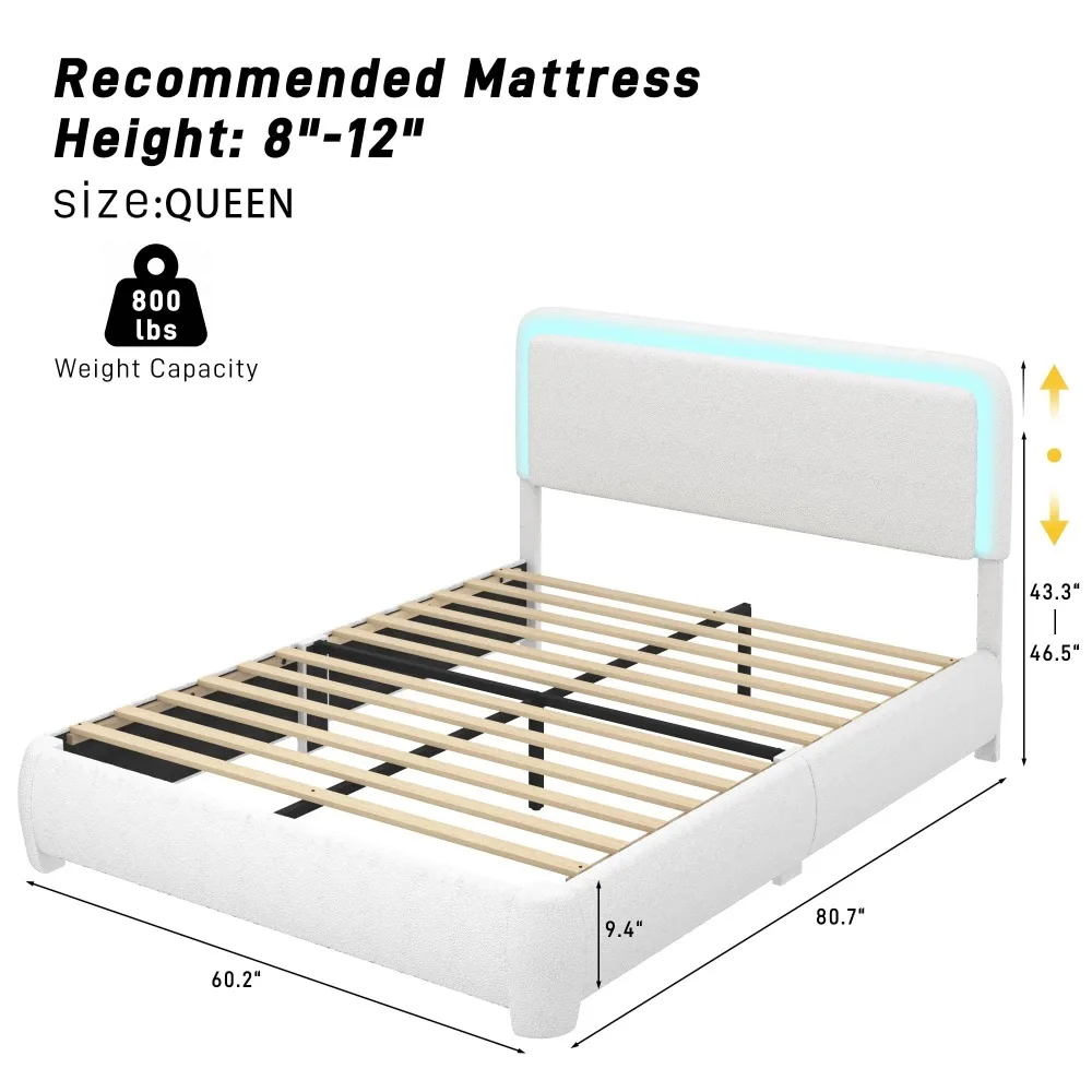 Queen Bed Frame with LED Light, Boucle Upholstered Platform Bed with Adjustable Headboard, Soft Rounded Corners, Comfy Beds image 5