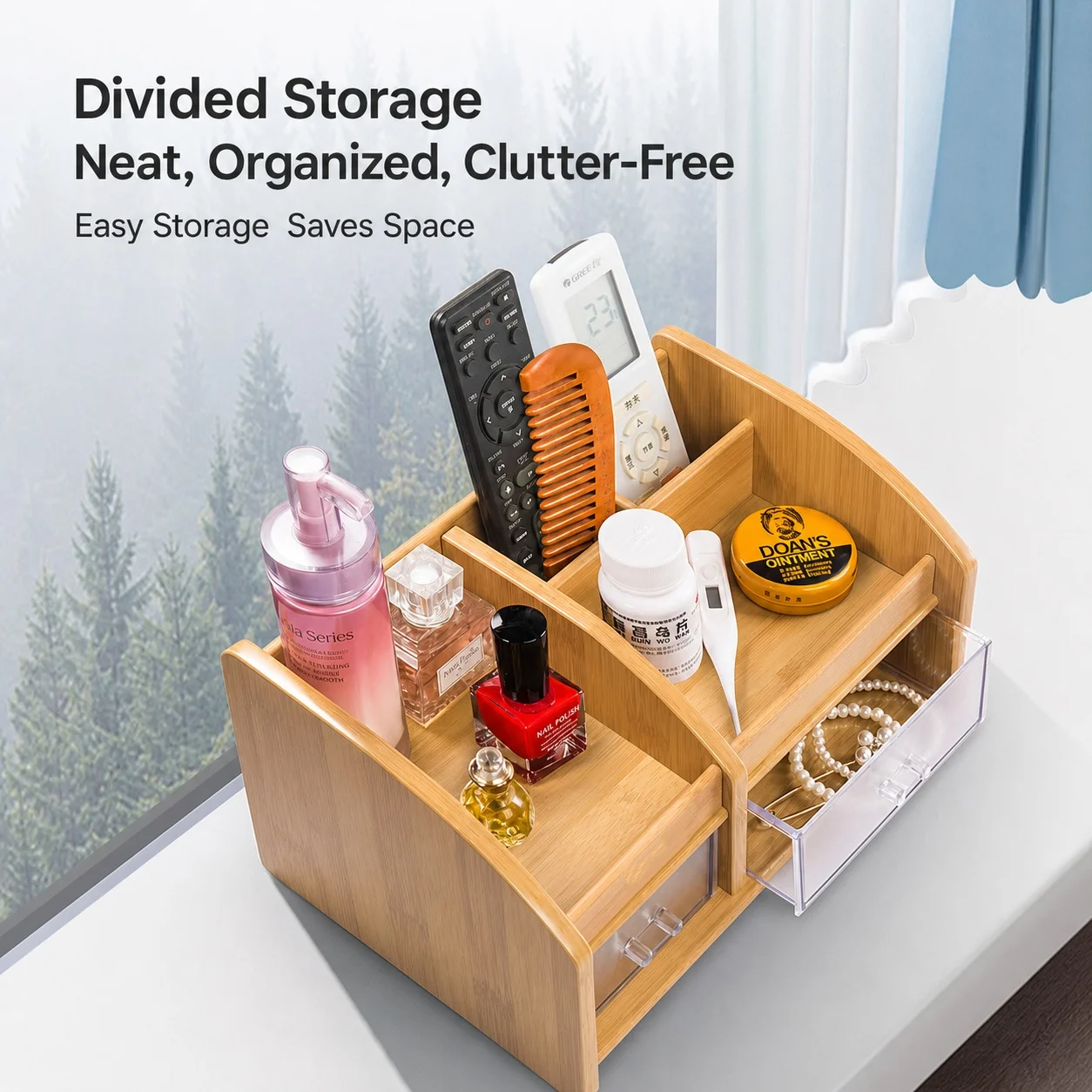 Natural Bamboo Storage Box Natural Bamboo Desktop Storage Organizer Multi-Compartment Bamboo Organizer Smoothly Polished
