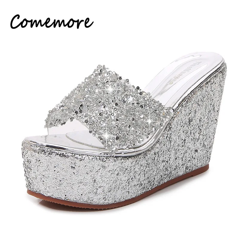 Comemore Slippers Summer Beach Slipper Casual Gold Silver Mules High Heels Sandals Sequine Platform Slipper Women Wedge Slides