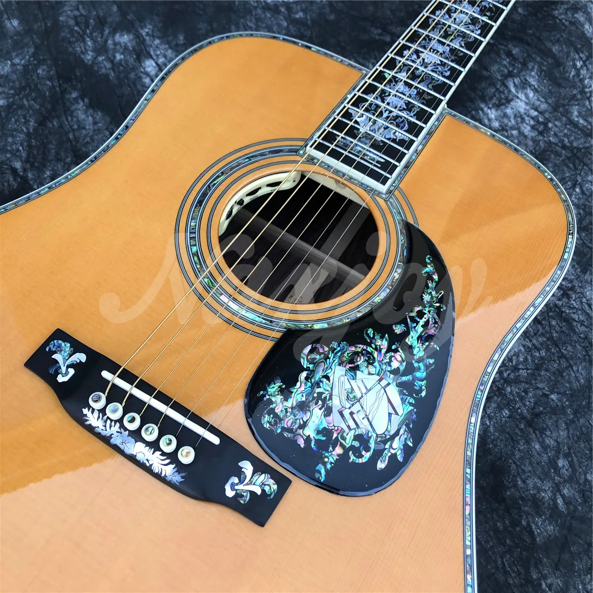 All SOLID WOOD D Type Acoustic Guitar Yellow Spruce Real Abalone Inlays Ebony Fingerboard Guitarra