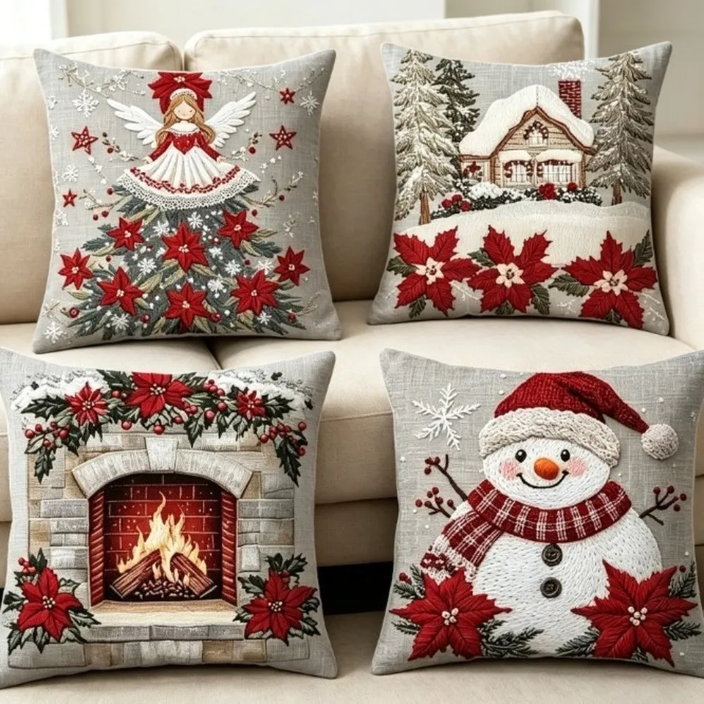Cute 2D Flat Printing Christmas Pillow Covers Soft Plaid Xmas Tree Pillowslip Flower Ball Snowman Pillow Cover Living Room