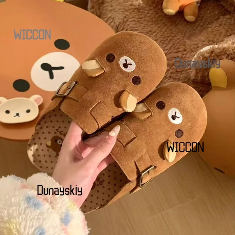 

Y2K Rilakkuma Slippers Kawaii Cartoon Anime Japan All Inclusive Cow Suede Indoor Home Flat Anti Slip Breathable Couple Slippers