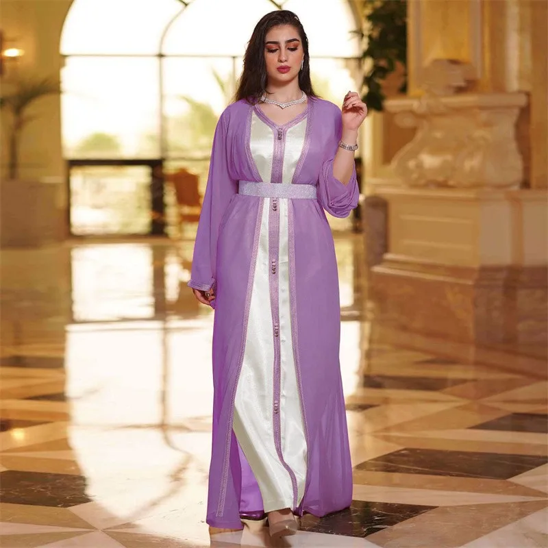 

Arab Women Chiffon Robe Party Evening Dress Dubai Saudi Islamic Clothing Muslim Ramadan Eid Abaya Set Dress+robe+belt 3pcs