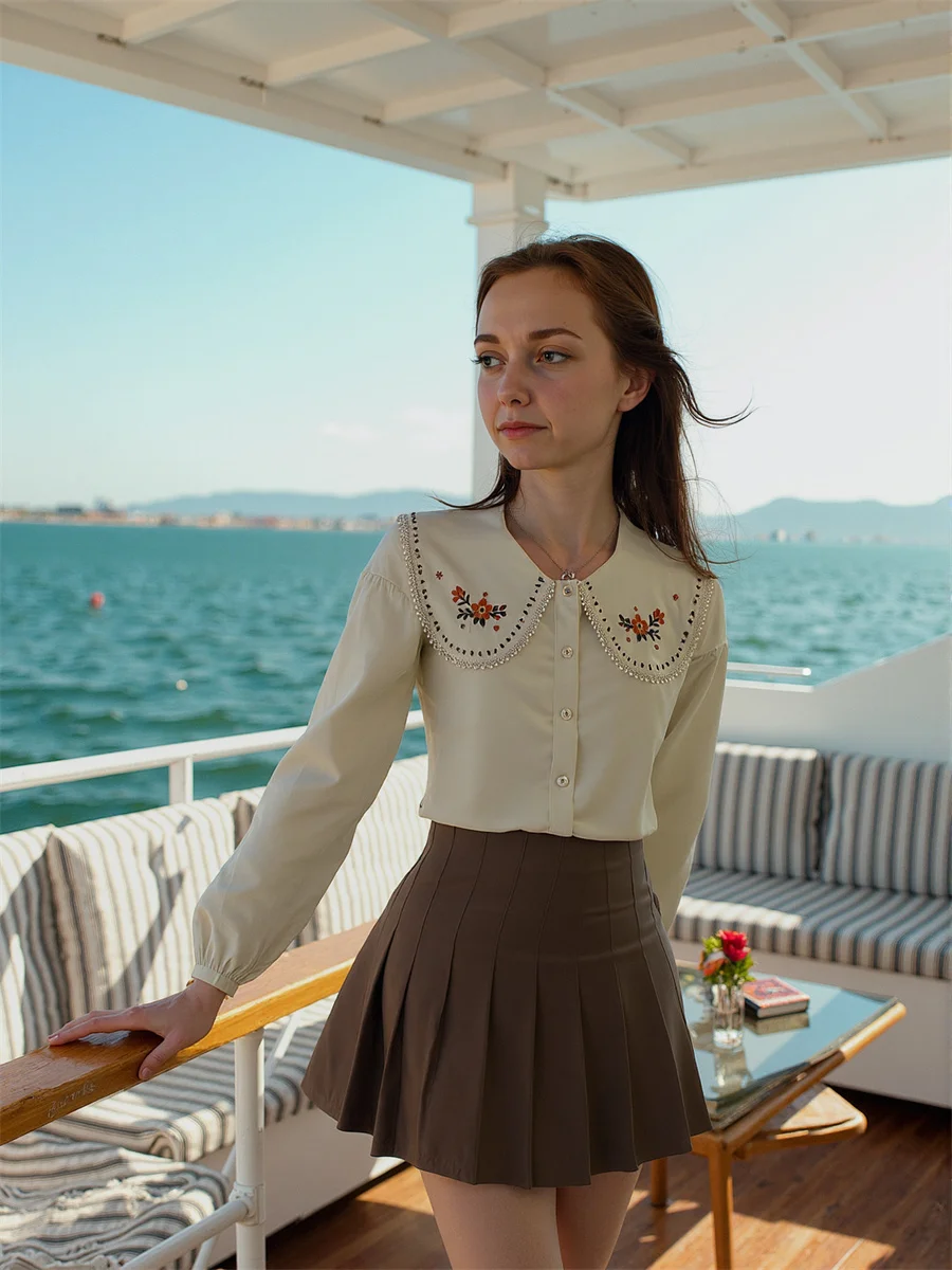 

Shirts Women Classic Style Beading Clothing Female Polka Dot Pattern Print Front Button Sweet Preppy College Cute Simple Basic