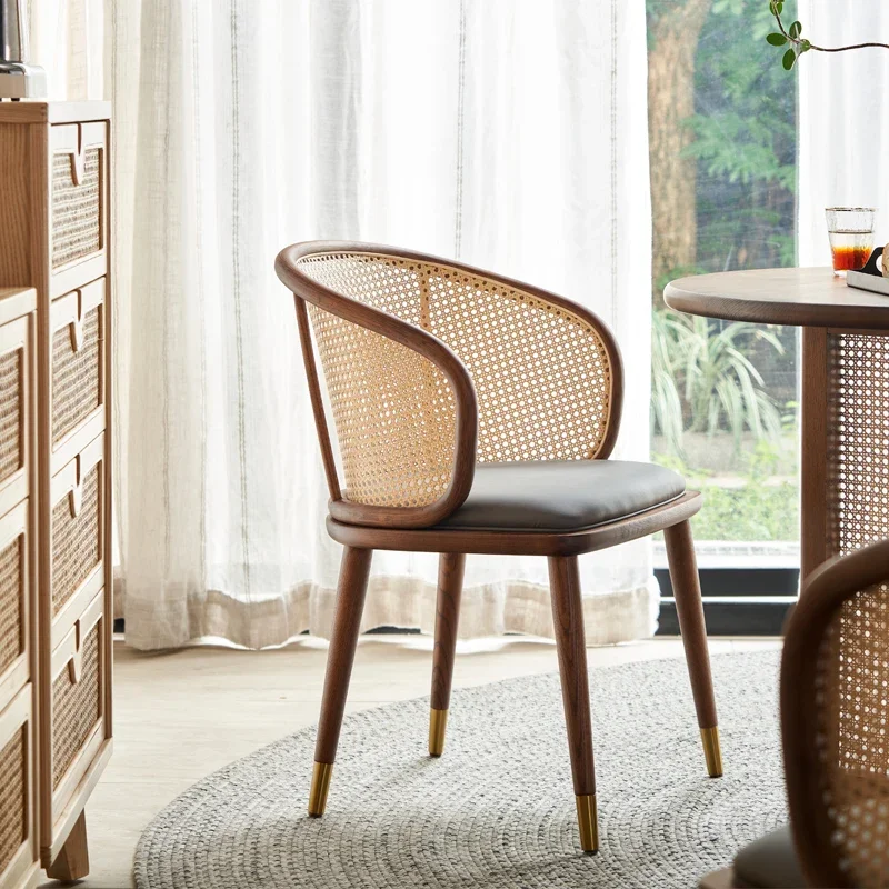 Nordic Dining Chairs Rattan Weave Furniture Design Armchair Solid Wood With Backrest Seats Home Livingroom Soft Cane Chair Stool